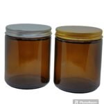Pote de vidrio ámbar 200gr con tapa de aluminio para velas