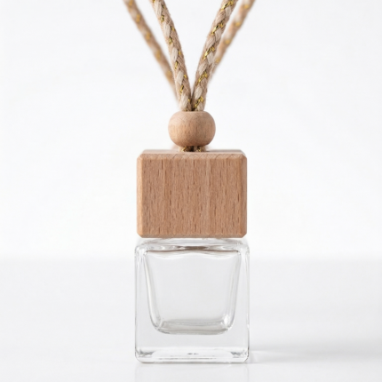 Frasco de vidrio transparente con tapa madera 5cc cordón natural